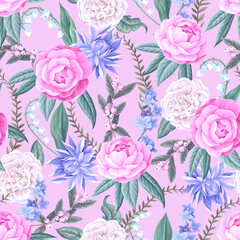 Seamless pattern with camelia flowers and other flowers. Vector.
