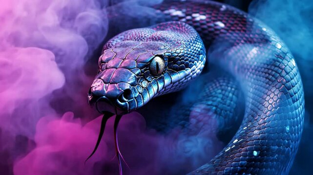 Big snakes surrounded by colorful smoke create a captivating visual experience in this seamless timelapse, big snakes and colored smoke seamless ing timelapse virtual video Background