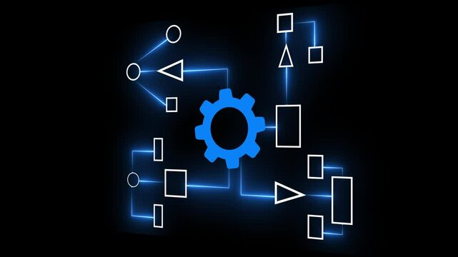 Business process and workflow automation with flowchart. Business and technology concept. Visualizes step-by-step progression through a procedure or system on black background.