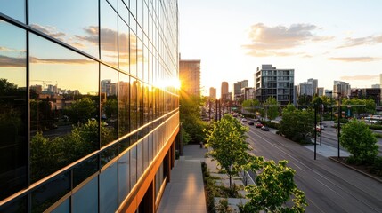 Fototapeta premium office building investment, a commercial property featuring a professional office building with large glass windows, set in a bustling business district, showcasing investment opportunities