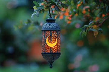 Lantern Illuminating a Serene Night With Moon and Bokeh Lights in the Background