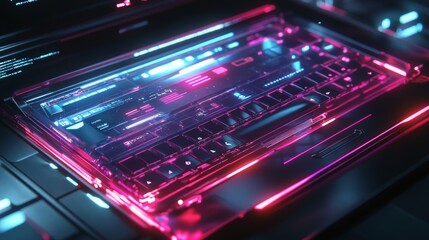 Illuminated technology showcase futuristic digital workspace high-tech environment close-up view concept of innovation and connectivity