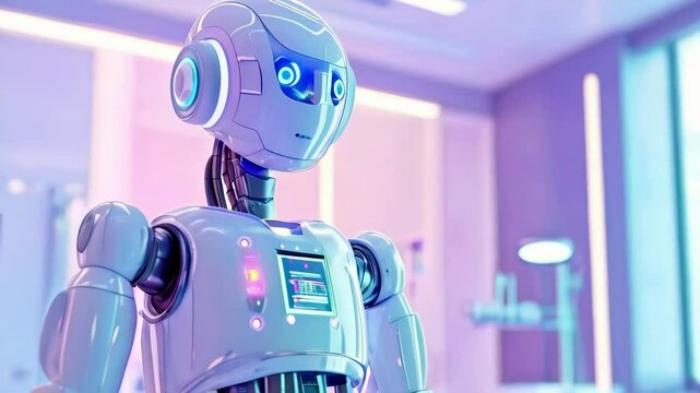 Futuristic humanoid android doctor in modern high-tech hospital environment new beautiful stock video footage animation AI