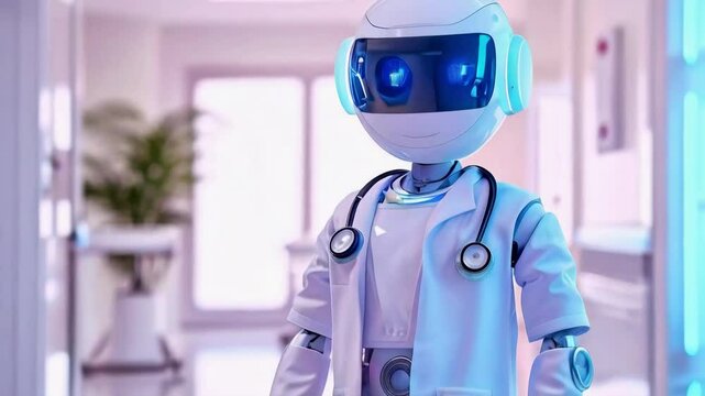 Futuristic humanoid android doctor in modern high-tech hospital environment new beautiful stock video footage animation AI