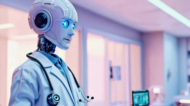 Futuristic humanoid android doctor in modern high-tech hospital environment new beautiful stock video footage animation AI