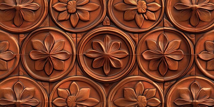 A pattern of terracotta-colored tiles with intricate floral designs, arranged in an overhead view to create the illusion that they form a seamless tile wall texture.