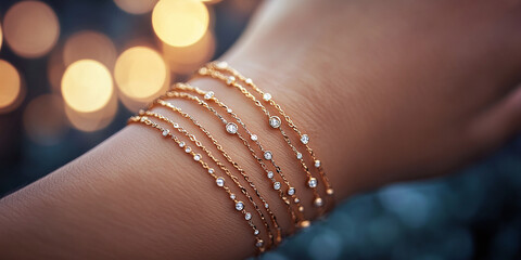 Elegant wrist adorned with shimmering gold and gemstone bracelets.  A touch of sophistication for any occasion, with a soft, sparkling bokeh background.