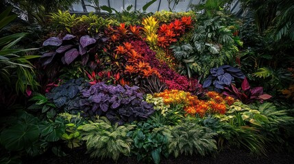 Vibrant tropical plants in a greenhouse wall display