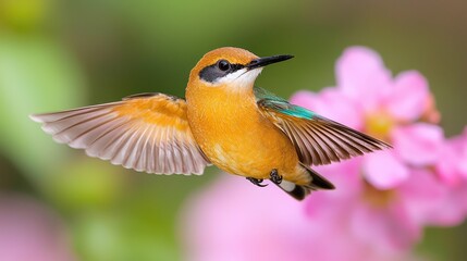 Fototapeta premium Yellow-throated Bee-eater in Flight Among Pink Flowers