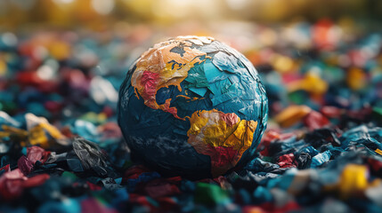 Crumpled earth globe covered in plastic waste symbolizing pollution. Earth Day