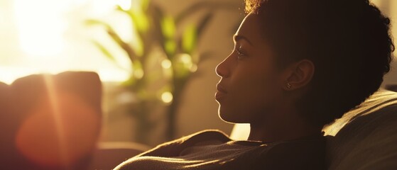 A person reflects thoughtfully while bathed in warm sunlight, epitomizing tranquility and introspection.