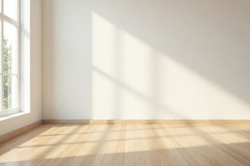 Sunlight streams through a window illuminating an empty room with light hardwood floors and a blank wall, perfect for design inspiration.
