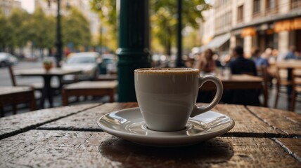 A cup of hot tea on a wooden table in the middle of the street