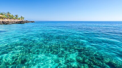 Fototapeta premium Crystal ocean view, tropical shore, calm blue sea, sunny sky, tourism background