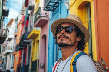 Obraz premium Vibrant City Exploration With a Man in Sunglasses and a Straw Hat Enjoying Colorful Architecture