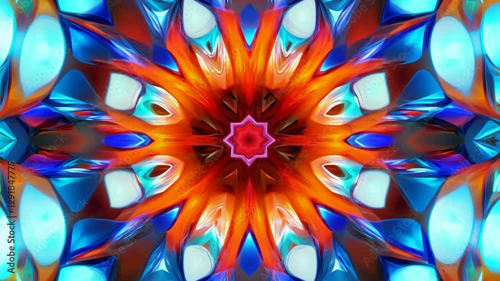 Poster a colorful design with a red center and blue and orange surrounding it. the design is made up of man