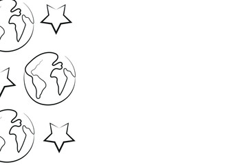poster with simple icons of planet earth in line art style drawn with original outline, for logos and various designs