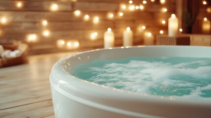 A tranquil and inviting hot tub filled with bubbles, illuminated by warm candlelight, creating a perfect setting for relaxation and pampering after a long day.