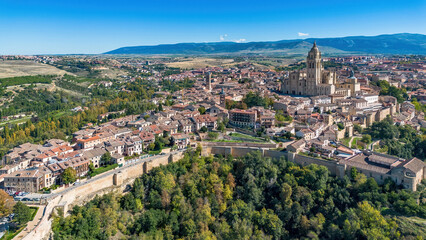 Fototapeta premium Aerial view of the Cathedral of Segovia dedicated to the Assumption of the Virgin Mary and to Saint Fructus in Castile and León, Spain