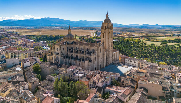 Aerial view of the Cathedral of Segovia dedicated to the Assumption of the Virgin Mary and to Saint Fructus in Castile and Le&oacute;n, Spain