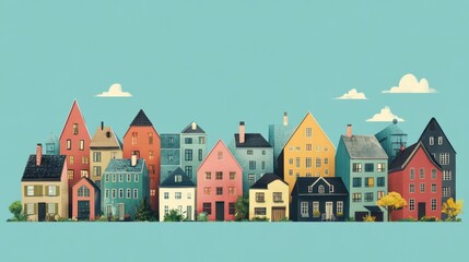 Naklejka premium A vibrant row of colorful houses, showcasing a playful and whimsical architectural style against a bright sky.