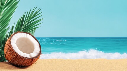 Obraz premium Cut coconut & palm leaves on sandy beach, ocean waves in background for summer travel or vacation