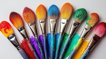 Fototapeta premium Variety of paintbrushes arranged in a circle, each dipped in different vibrant colors 