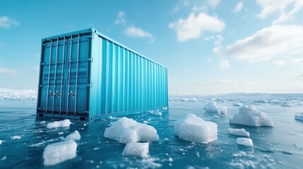 A blue shipping container stands resiliently amidst floating ice, illuminated by bright daylight, showcasing an intersection of human engineering and nature's beauty.