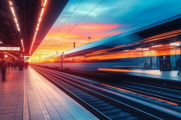Fototapeta premium Colorful Sunset at the Train Station With a Passing Train and Vibrant Sky