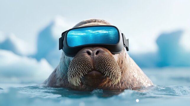 A whimsical walrus sporting VR glasses while floating in icy waters, combining elements of nature and technology in a humorous and thought-provoking scene.