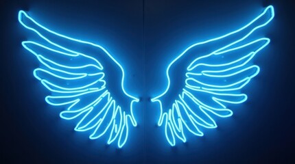 Glowing Blue Neon Angel Wings with Feather Outlines