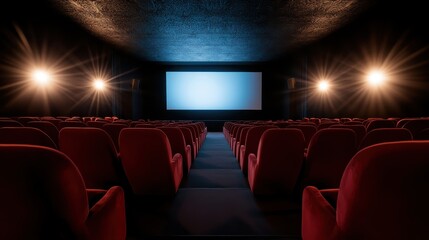 This image showcases a sleek and modern cinema hall with plush red seating arranged in a perfect row, intended for movie enthusiasts seeking comfort and style.