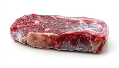 Obraz premium Photograph of a frozen beef steak on a white background