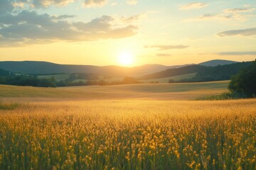 Golden sunset illuminating rolling hills and a vast wheat field