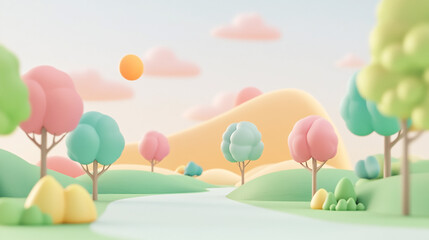 Pastel landscape with stylized trees and hills, a gentle river meanders through the scene, soft colors, cartoonish style.