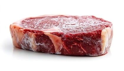 Fototapeta premium Photograph of a frozen beef steak on a white background