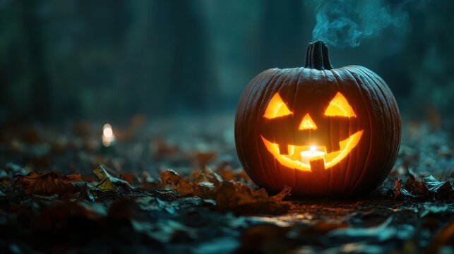 A glowing carved pumpkin sits amidst fallen leaves, creating a spooky atmosphere perfect for Halloween.