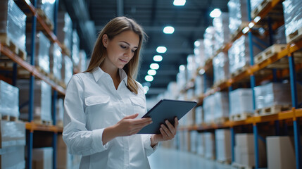 Caucasian female manager in modern warehouse optimizing logistics