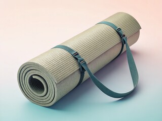 Yoga mat mockup. Rolled yoga mat with a strap, set against a soft gradient background.