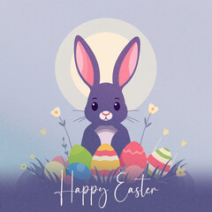 Happy Easter Poster. Bunny Rabbit Illustration With Easter Eggs