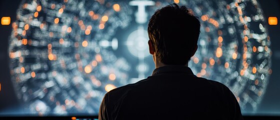 A silhouette observes a mesmerizing, complex digital display resembling a futuristic interface, glowing in a dimly lit room.