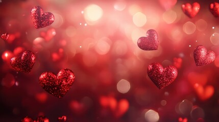 Obraz premium A beautiful display of shimmering red hearts floating in a dreamy bokeh background, perfect for romantic themes.