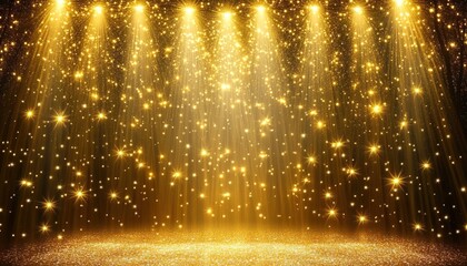 Golden stage background with spotlights and golden glittering particles, shining on the floor, an award ceremony backdrop, illustration