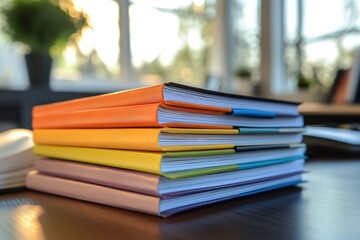 A stack of colorful project presentations in Carlo Fiorentini style on a desk with blurred office background, business report concept
