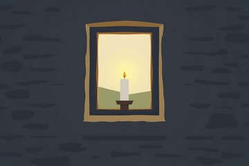 Candle Light Burning in Window with Dark Brick Wall Background