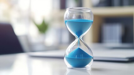 A modern clear glass hourglass filled with blue sand, symbolizing the passage of time in a bright, minimalistic workspace.