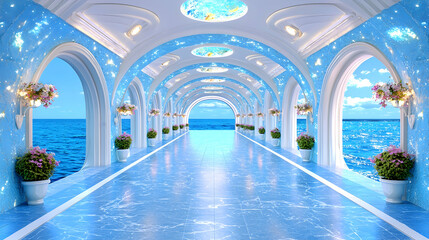 Obraz premium Ocean view corridor, luxury resort, serene background, wedding venue