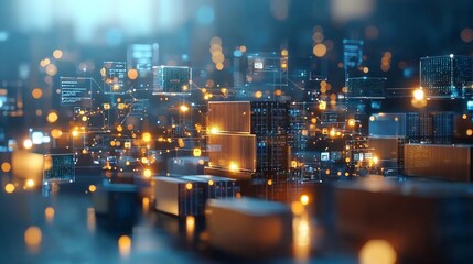 Dynamic data visualization of connected shipping containers urban environment digital artwork futuristic setting aerial view technology concept for enhanced logistics optimization