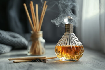 Arabian Oud perfume with smoke behind it. Traditional Aromatic arabian perfume near aromatic  woods and sticks.