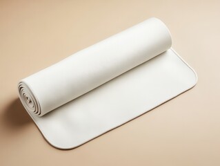 Yoga mat mockup. Rolled yoga mat on a beige background, showcasing texture and design.